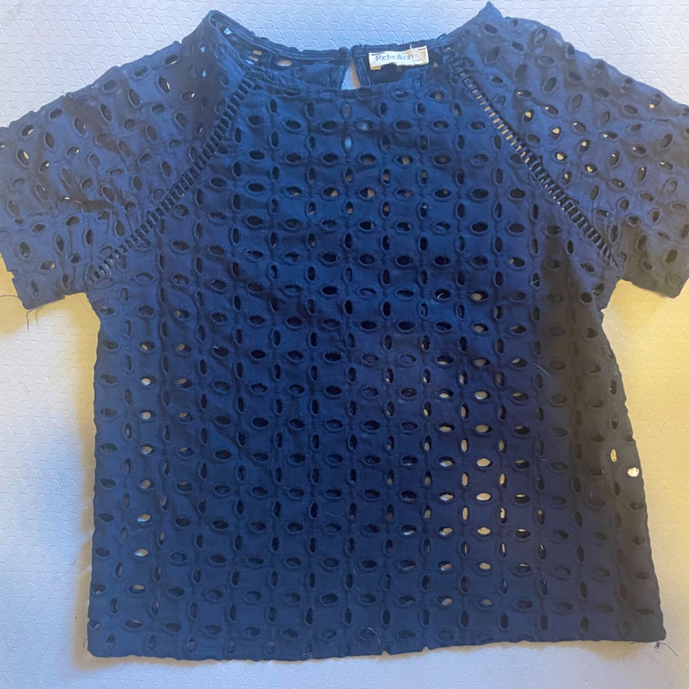 Navy blue eyelet top - very flattering!
